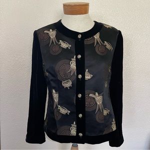 Oriental Black Silk and Velvet Embroidered Blazer Jacket